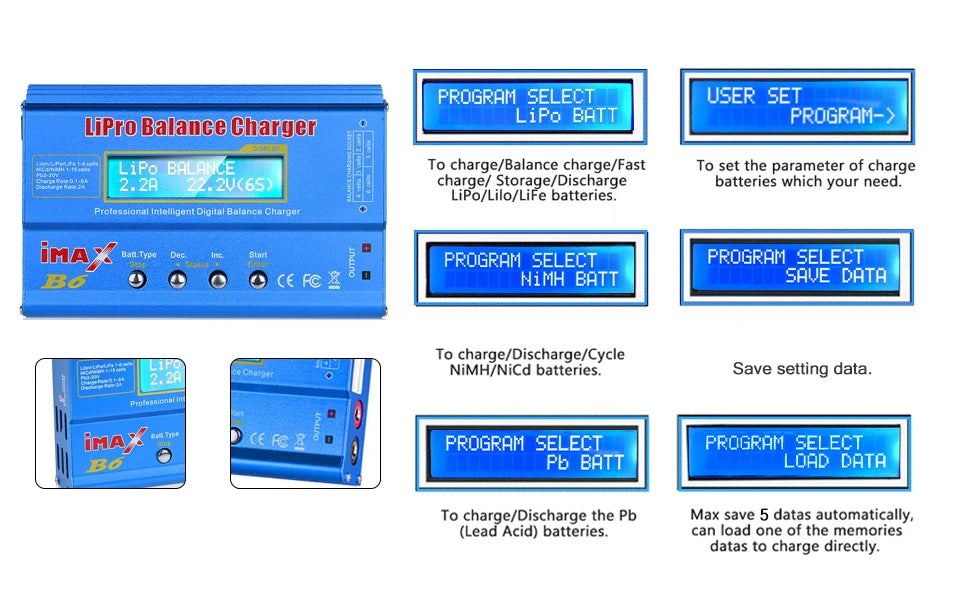 IMAX B6 80W Multi-function Charger For Lipo Li-ion LiFe NiMh Ni-Cd PB Battery RC Balance Discharger 15V 6A Adapter Optional