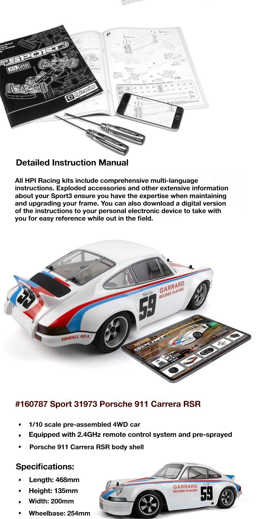 HPI 1:10 SPORT 3 Simulation 1973 Carrera 4WD Brushless Limited Edition Remote Control Electric Drift Car Hobby RC Boy Toy RTR