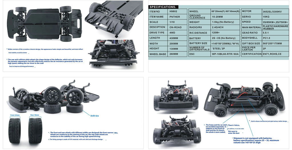HNR H9802 4X4 4WD RTR 2.4GHz Brushless 1/10 RC Simulation Electric Remote Control Model Car Racing Drift Vehicle Without Battery