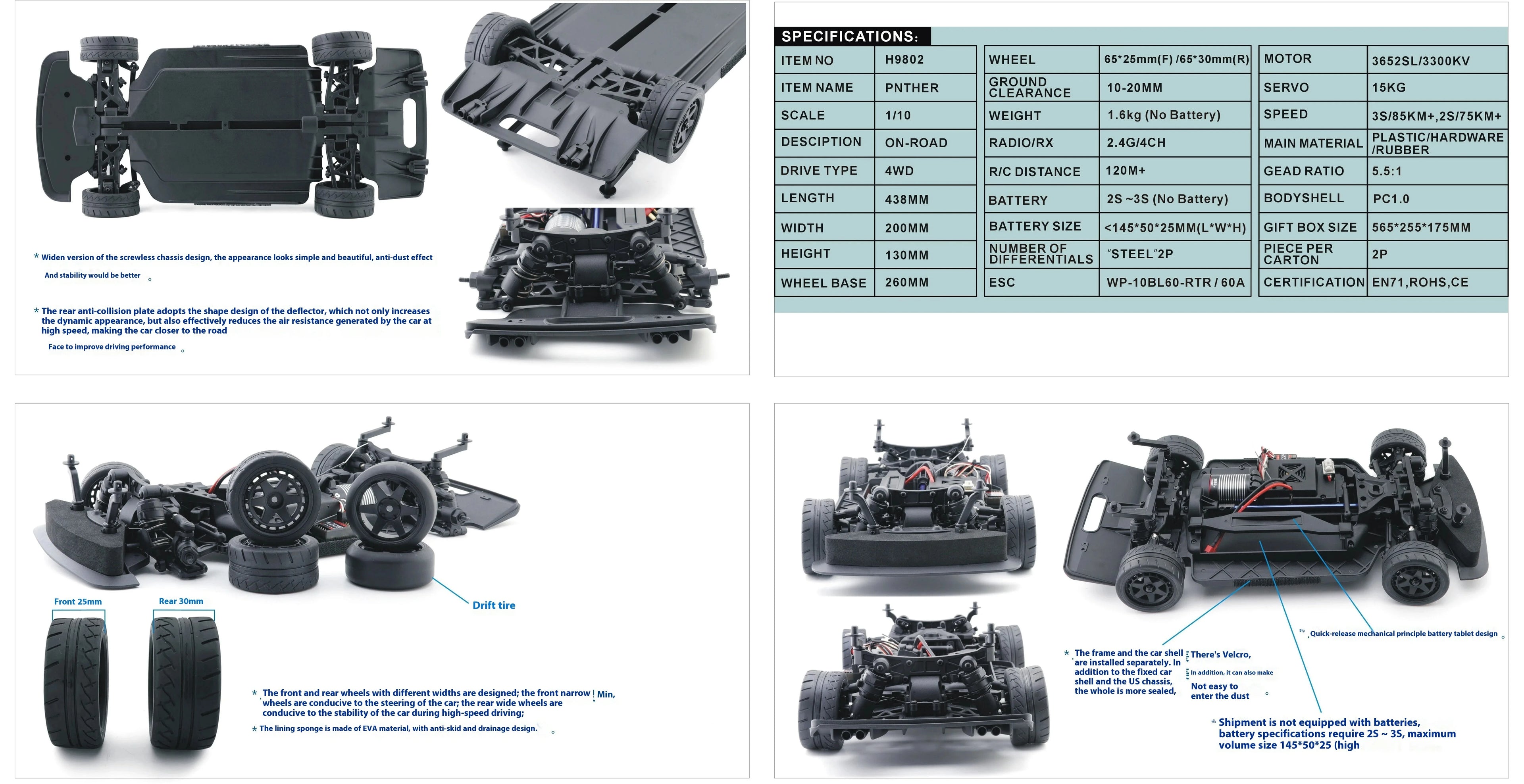 HNR H9802 4X4 4WD RTR 2.4GHz Brushless 1/10 RC Simulation Electric Remote Control Model Car Racing Drift Vehicle Without Battery
