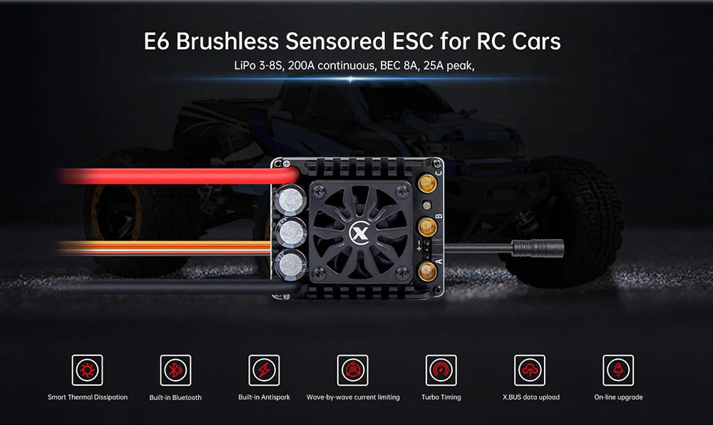 XC E6 200A 3-8S Lipo Sensored Brushless ESC for 1/6 RC Model Car Buggy Truck Accessories