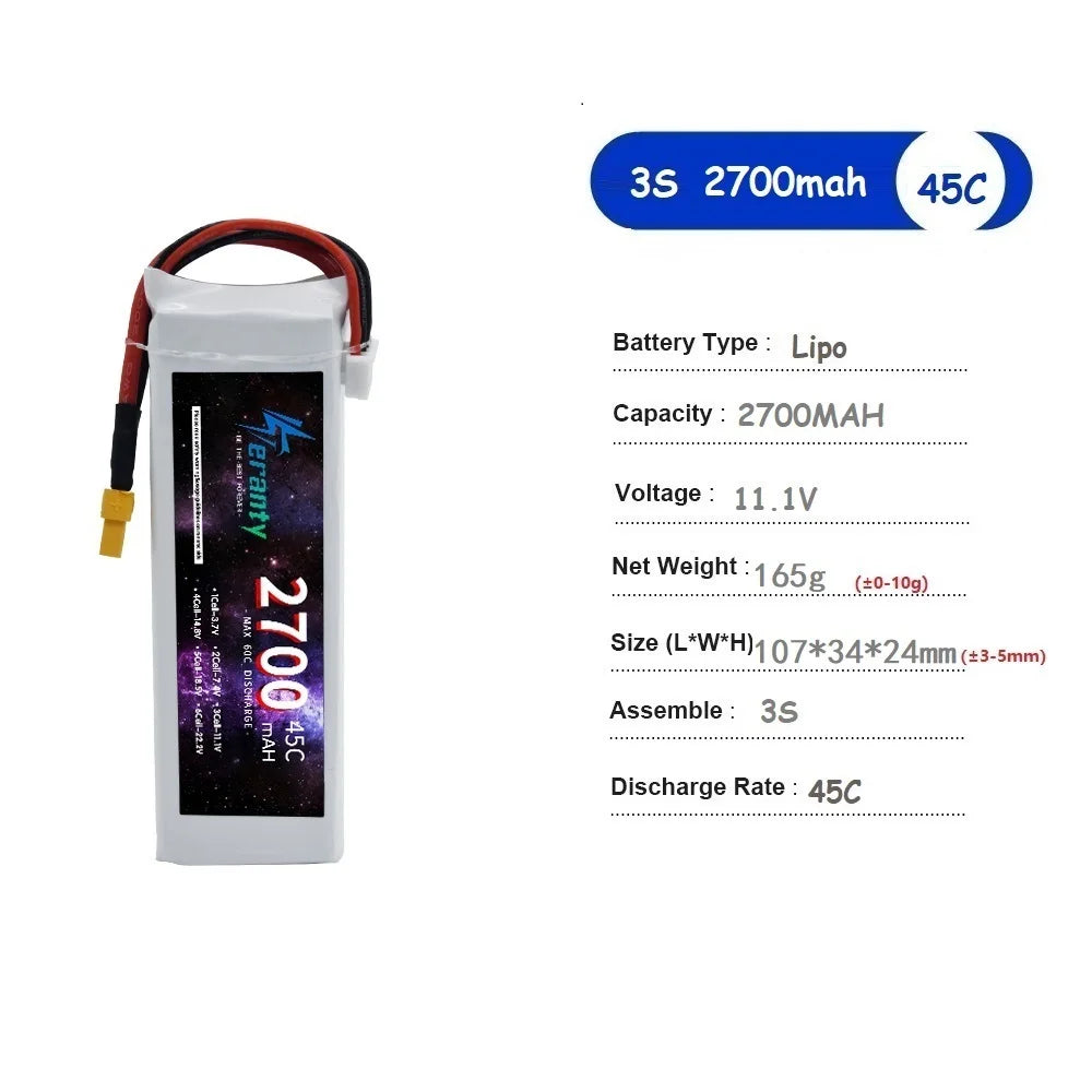 TERANTY 3S Lipo Battery 11.1V 1500/2200/2700/3000/3300/4200/5200/6000/6800/7800/8800/10400mAh For RC Car Airplane Boat