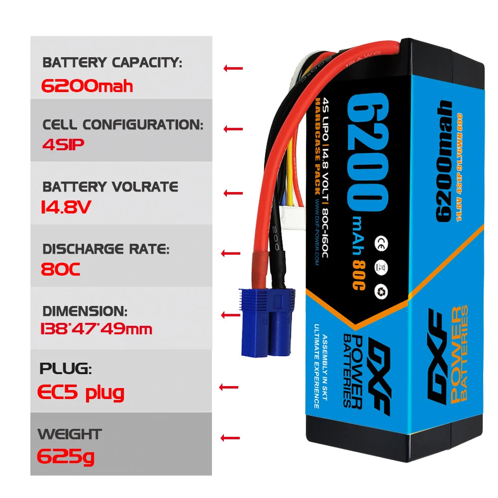 2PCS DXF battery 3S Lipo 11.1V 11.4V 5200mah 6200mah 7200mah 8000mah 9200mah 6750mah 80C 100C 130C with EC5 XT90 T for RC Car