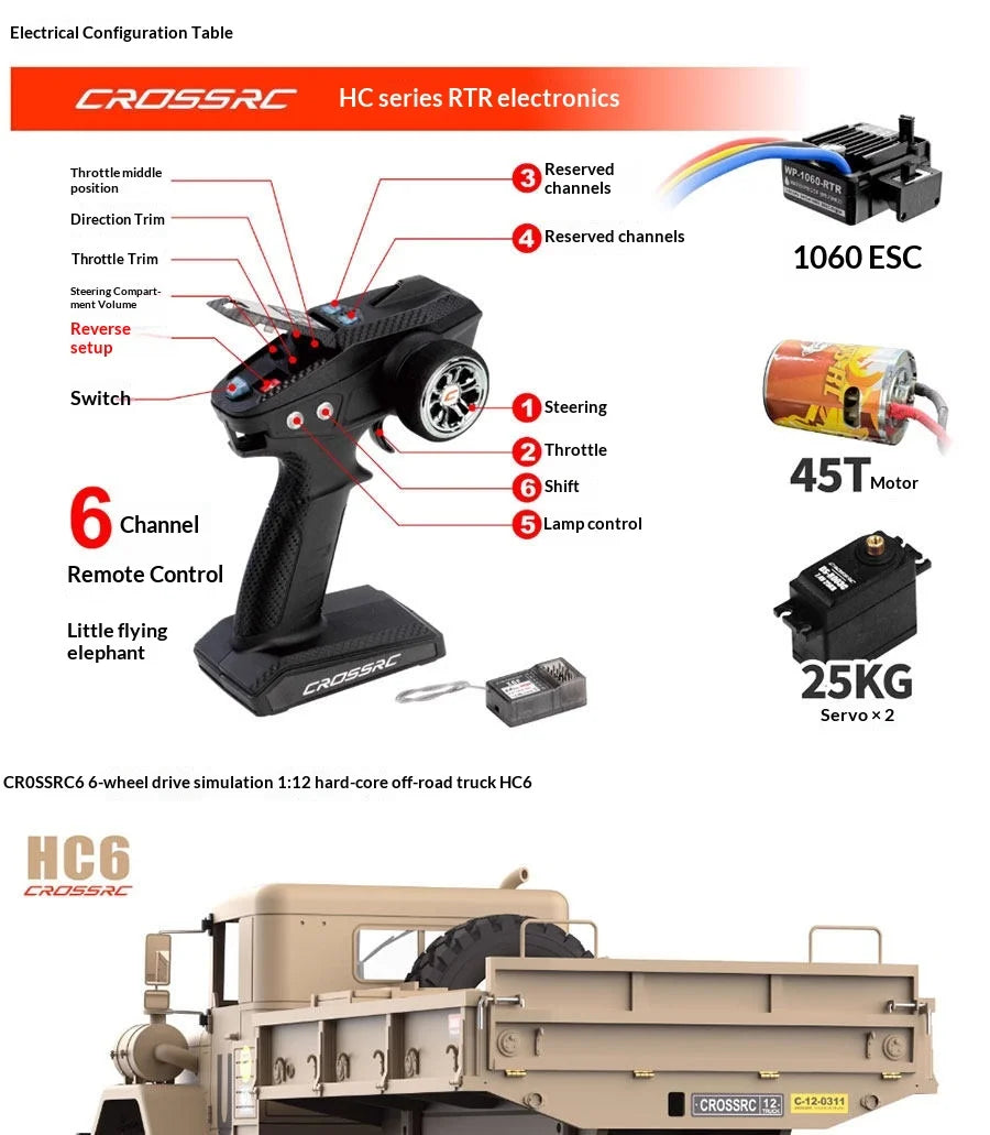 CROSS HC6 M35 Style 6X6 RC Car Military Truck Electric Remote Control Hard Shell Off Road Rock Crawler Dual Speed Model Vehicle