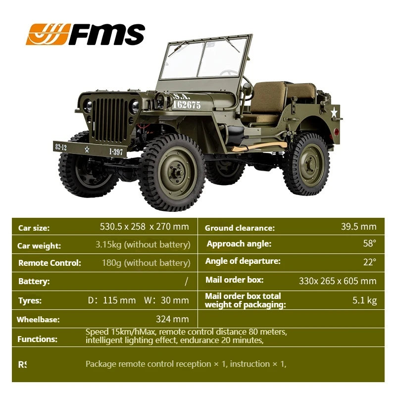 FMS 1:6 Climber Willis Super Large Remote Control Car Off-Road Climbing Four-Wheel Drive Electric Model Toy Car Limited Sales RS