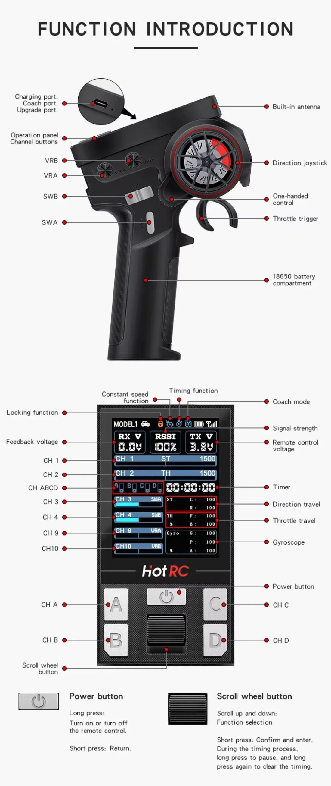 HotRC CT-10B 10CH 2.4G Color Screen Transmitter 10 Channel Remote Control F-10A F-01A 4/6/8/10CH Gyro Receiver for RC Car Boat