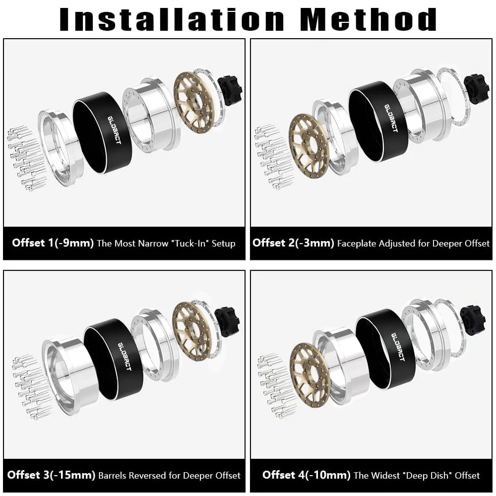 GLOBACT Aluminum 1.9 Beadlock Wheel Rims Adjustable Offsets for TRX4 TRX6 Axial SCX10 Redcat GEN7 GEN8 RC4WD D90 1/10 RC Crawler