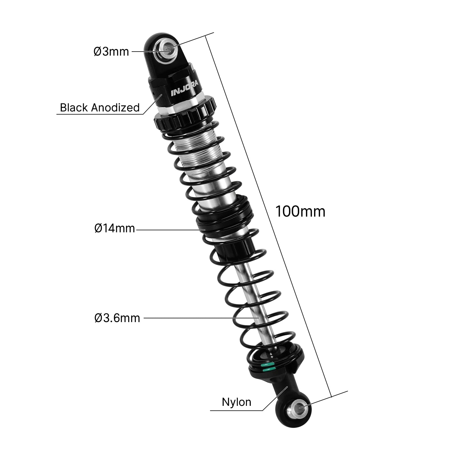 INJORA DRX Dual-Rate Spring Oil Shocks for 1/10 RC Crawlers, 80mm / 90mm / 100mm / 110mm / 120mm