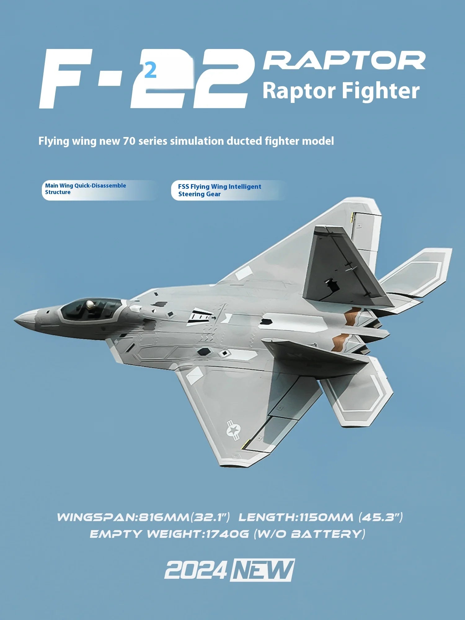 Freewing Flying Wing Model 70mm F-22 Raptor American "Raptor" Channel Fifth Generation Fighter Model Aircraft Toy Model