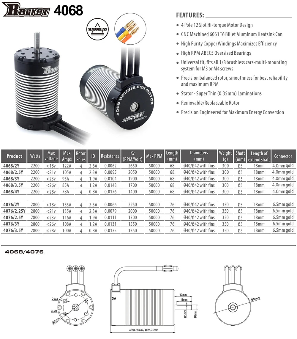 Surpass Hobby Rocket 2845 F540 3650 3660 3665 3670 3674 4068 Waterproof Brushless Motor for 1/10 1/12 RC Car Robot WLtoys 12428