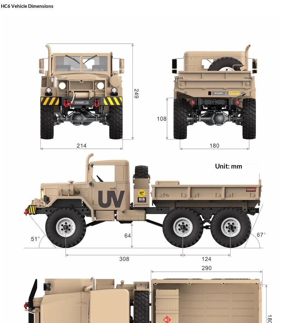 CROSS HC6 M35 Style 6X6 RC Car Military Truck Electric Remote Control Hard Shell Off Road Rock Crawler Dual Speed Model Vehicle