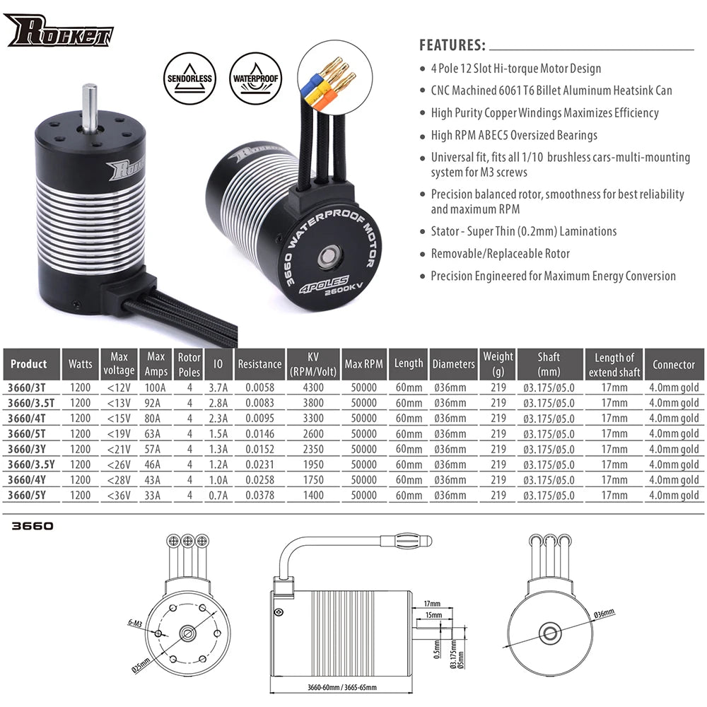 Surpass Hobby Rocket 2845 F540 3650 3660 3665 3670 3674 4068 Waterproof Brushless Motor for 1/10 1/12 RC Car Robot WLtoys 12428