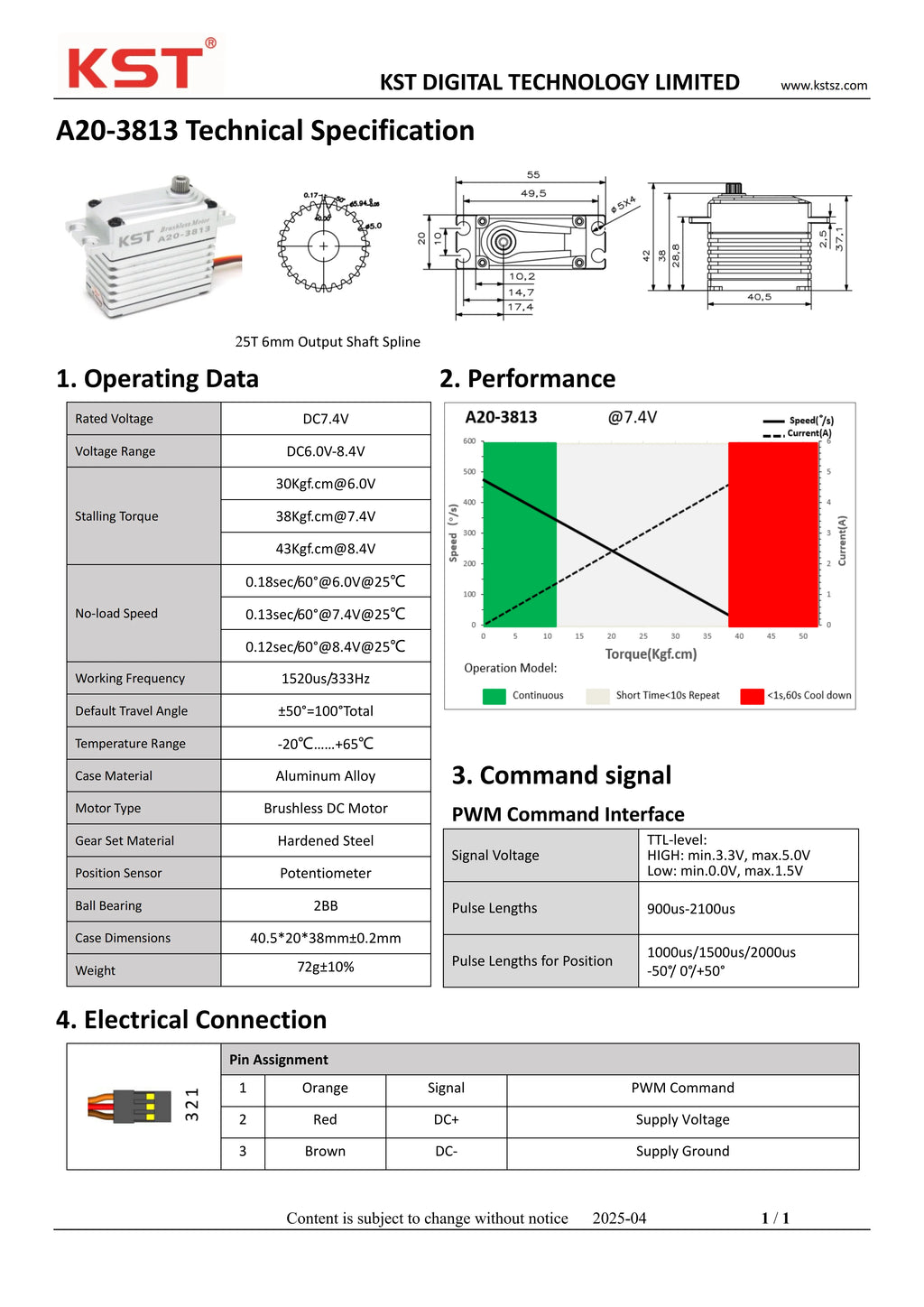 KST A20-3813 Digital Brushless Servo High Pressure Phosphor Bronze Quenched Steel Gear 0.12 Sec 43kg Torque for RC Models