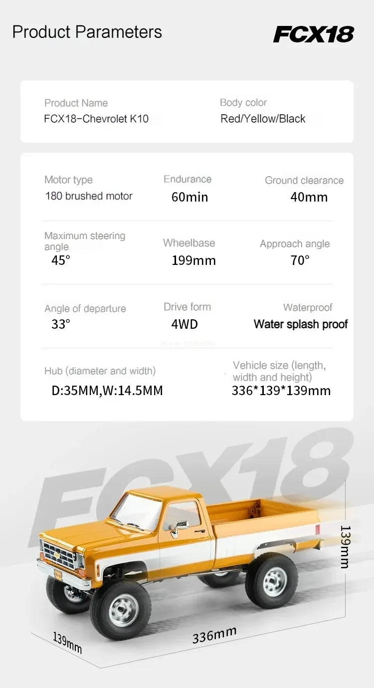 FMS FCX18 1:18 Chevrolet K10 Pickup Truck Officially Authorized Classic Retro Off-road Climbing RC Car Model RTR