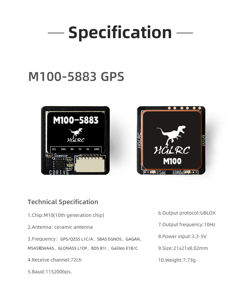 HGLRC M100-5883 M10 GPS Module with Compass Ceramic Antenna On-board LED Indicators 21x21mm for RC Airplane FPV Long Range