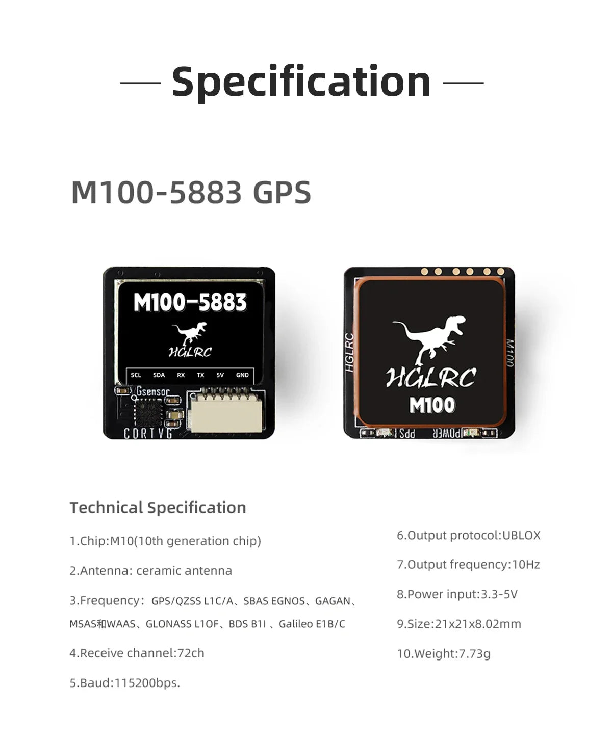 HGLRC M100-5883 M10 GPS Module with Compass Ceramic Antenna On-board LED Indicators 21x21mm for RC Airplane FPV Long Range