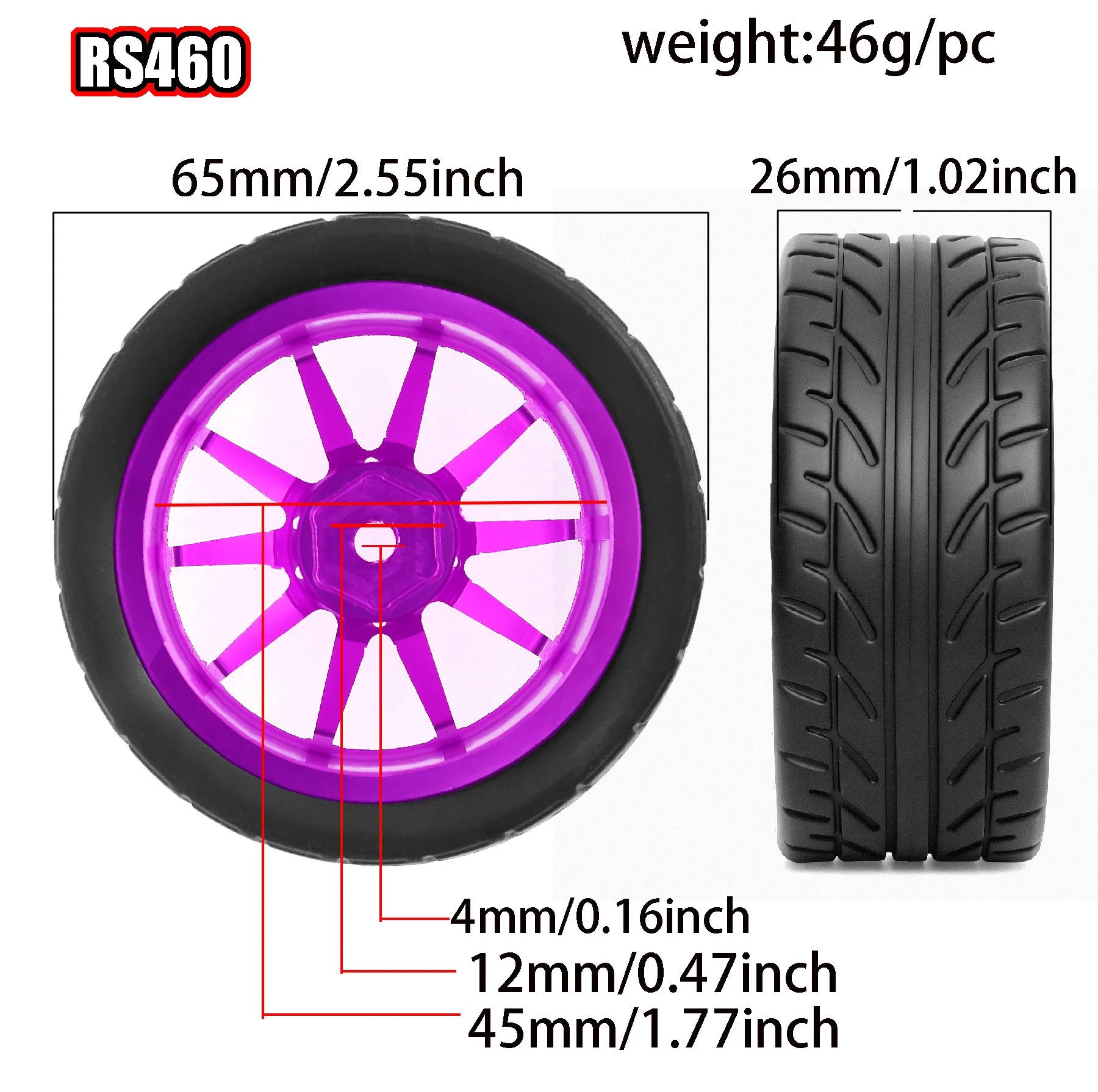 1/10 Metal RC On-Road Wheel Tires 2.55" OD 12mm Hex for 1/10 Tamiya TT01 TT02 XV02 XV01 WLtoys HSP Kyosho WR8 RedCat Sakura HPI