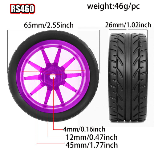 1/10 Metal RC On-Road Wheel Tires 2.55" OD 12mm Hex for 1/10 Tamiya TT01 TT02 XV02 XV01 WLtoys HSP Kyosho WR8 RedCat Sakura HPI
