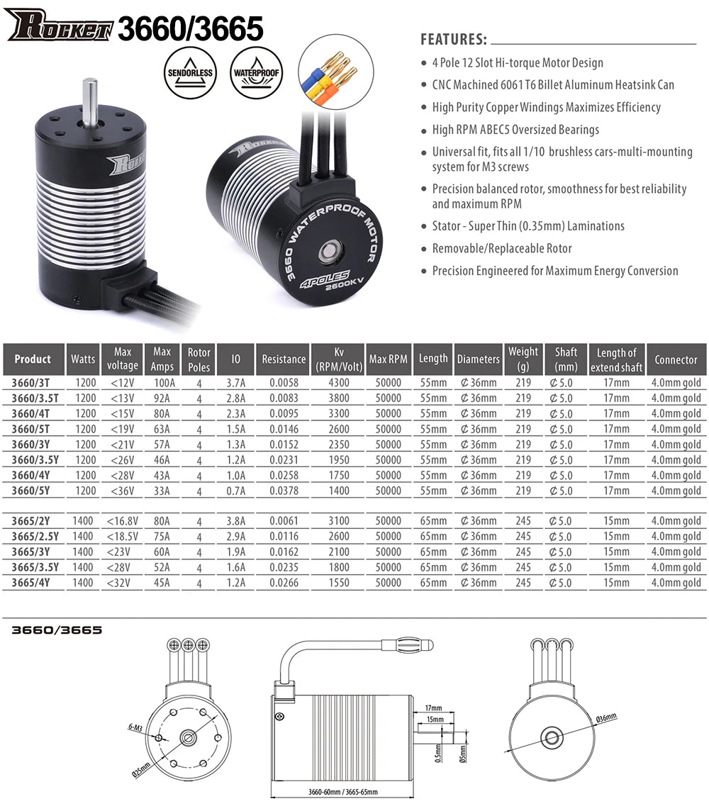 Surpass Hobby Rocket 2845 F540 3650 3660 3665 3670 3674 4068 Waterproof Brushless Motor for 1/10 1/12 RC Car Robot WLtoys 12428