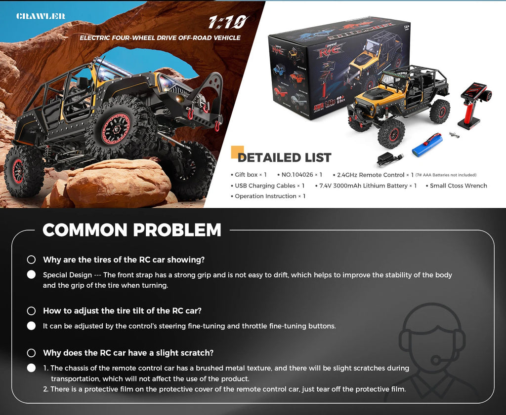 WLtoys 104026 1/10 Professional RC Car Off Road 4x4 2.4G 4WD Remote Control Cars 45 Minutes Working Time Climbing Car Adult Toy