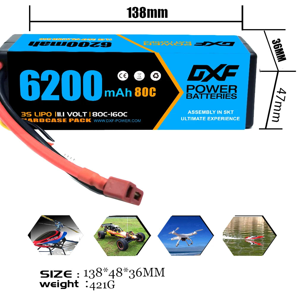 2PCS DXF battery 3S Lipo 11.1V 11.4V 5200mah 6200mah 7200mah 8000mah 9200mah 6750mah 80C 100C 130C with EC5 XT90 T for RC Car