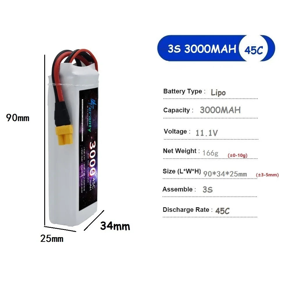 TERANTY 3S Lipo Battery 11.1V 1500/2200/2700/3000/3300/4200/5200/6000/6800/7800/8800/10400mAh For RC Car Airplane Boat