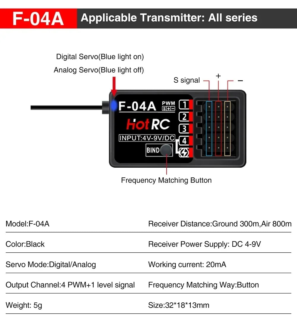 HOTRC 2.4Ghz F-04A F-06A F-08A F-01A F-04AT F-06AT F-08AT F-01AT with Gyro Light 4/6/8Ch Receiver for Hotrc Transmitter RC Parts