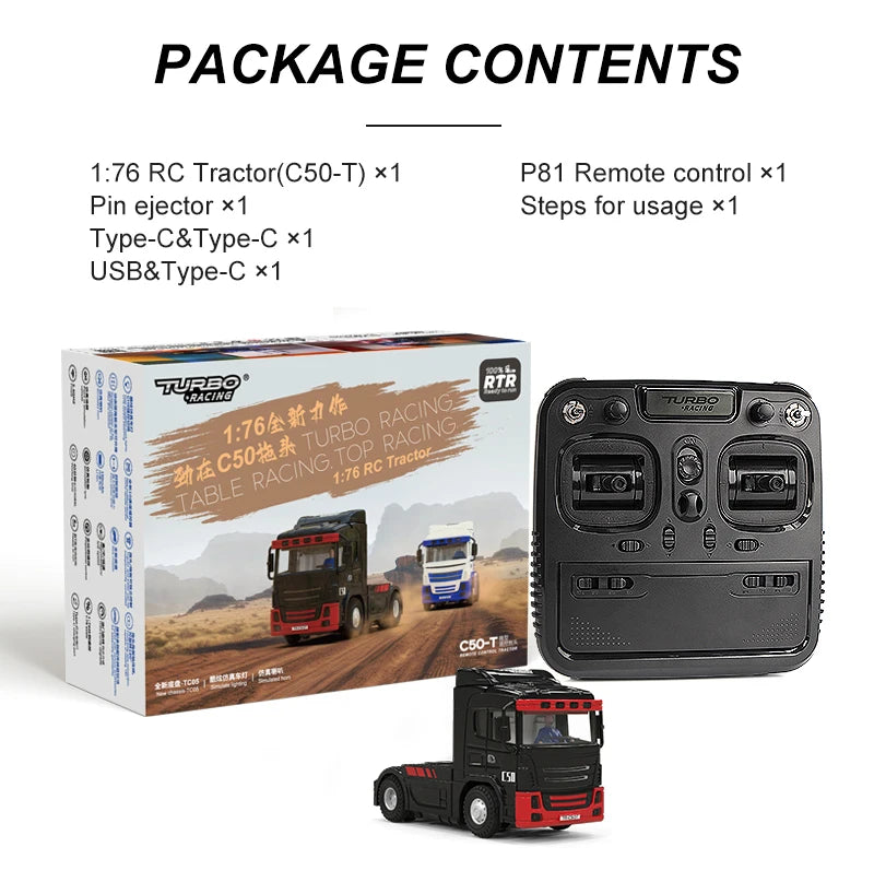 Turbo Racing C50-T 1:76 C50 Remote Control Truck Simulated Vehicle Lights and Horn RTR Version Toy Car