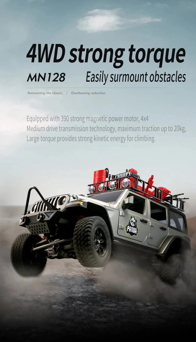 1/12 MN128 RC Car 4WD Jeep Model 2.4G Remote Control LED Light 4X4 Off Road 4WD Climbing RC Truck Electric Toy Car Gift for Boy