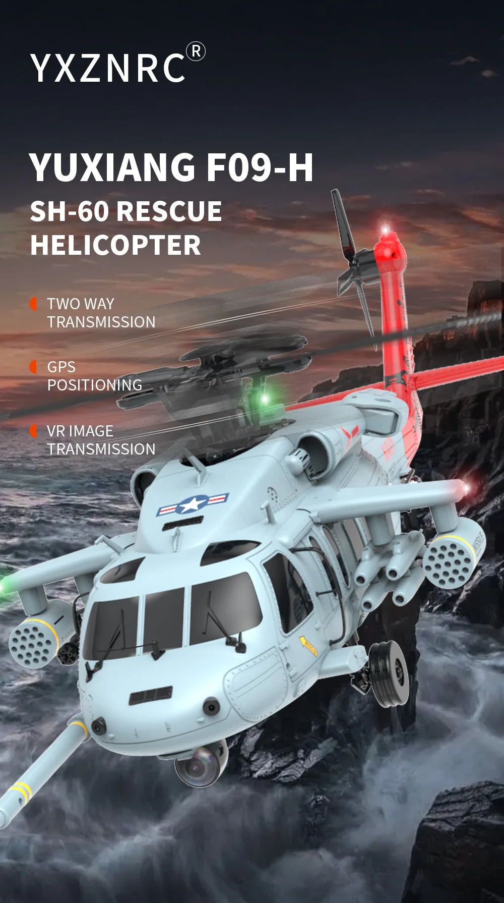 YXZNRC F09-H RC Helicopter 1:47 SH60 2.4G 6-Axis Gyroscope 8CH GPS Optical Flow Positioning 5.8G FPV Brushless Flybarless RTR