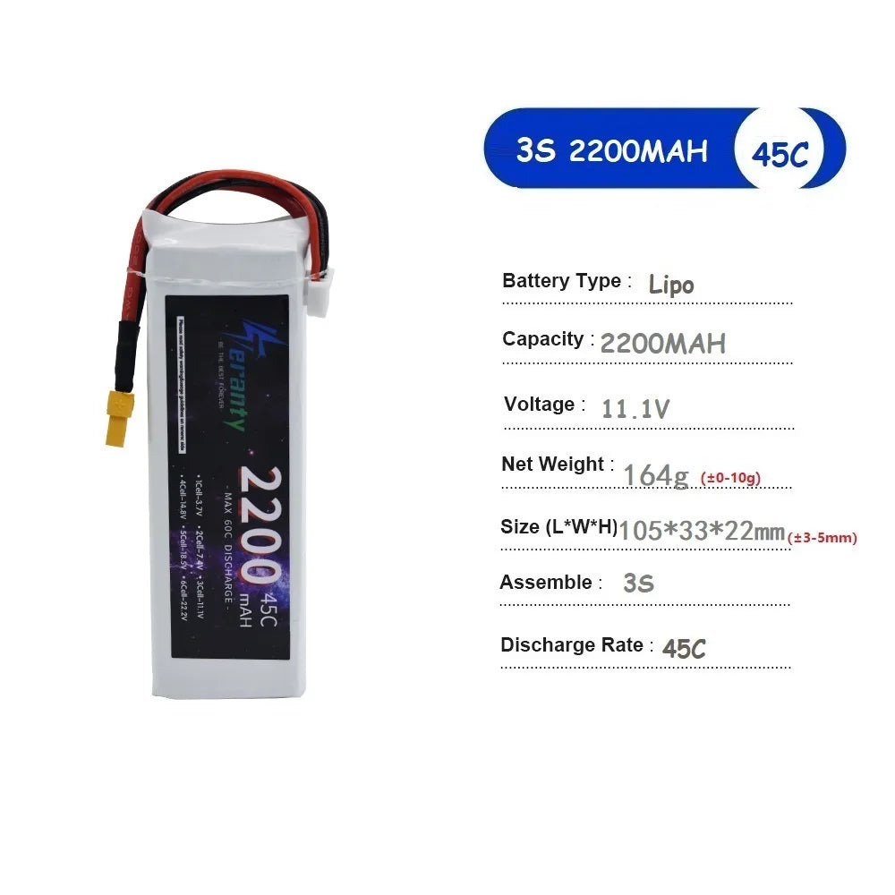 TERANTY 3S Lipo Battery 11.1V 1500/2200/2700/3000/3300/4200/5200/6000/6800/7800/8800/10400mAh For RC Car Airplane Boat