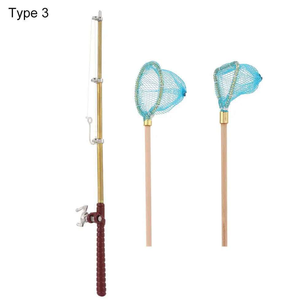 1:12 Miniature Fishing Rod Fish Pole Trammel Net Dollhouse Decoration Doll Accessories Scene Model Micro Landscape Fairy Garden