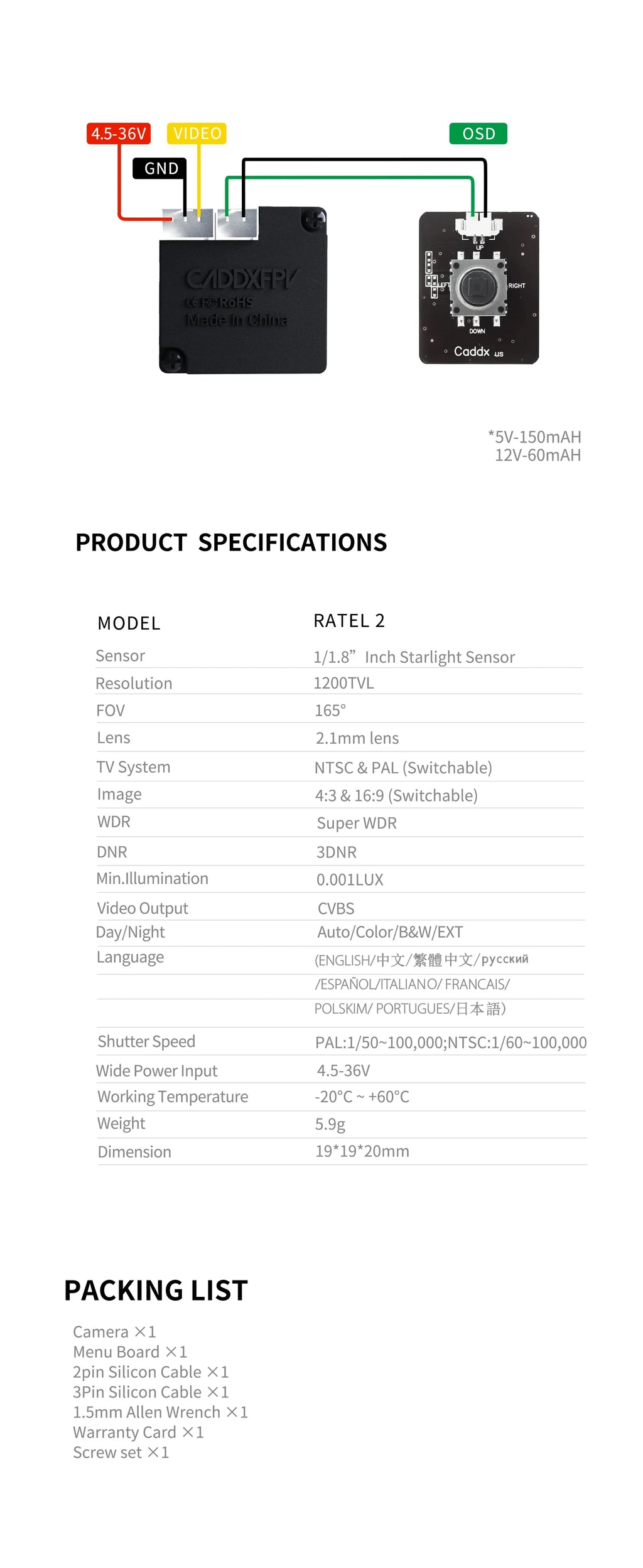 1/3PCS CADDX Ratel 2 V2 FPV Camera Ratel2 2.1mm Lens FOV165° 16:9/4:3 NTSC/PAL Switchable Micro Camera For RC Quadcopter Drone