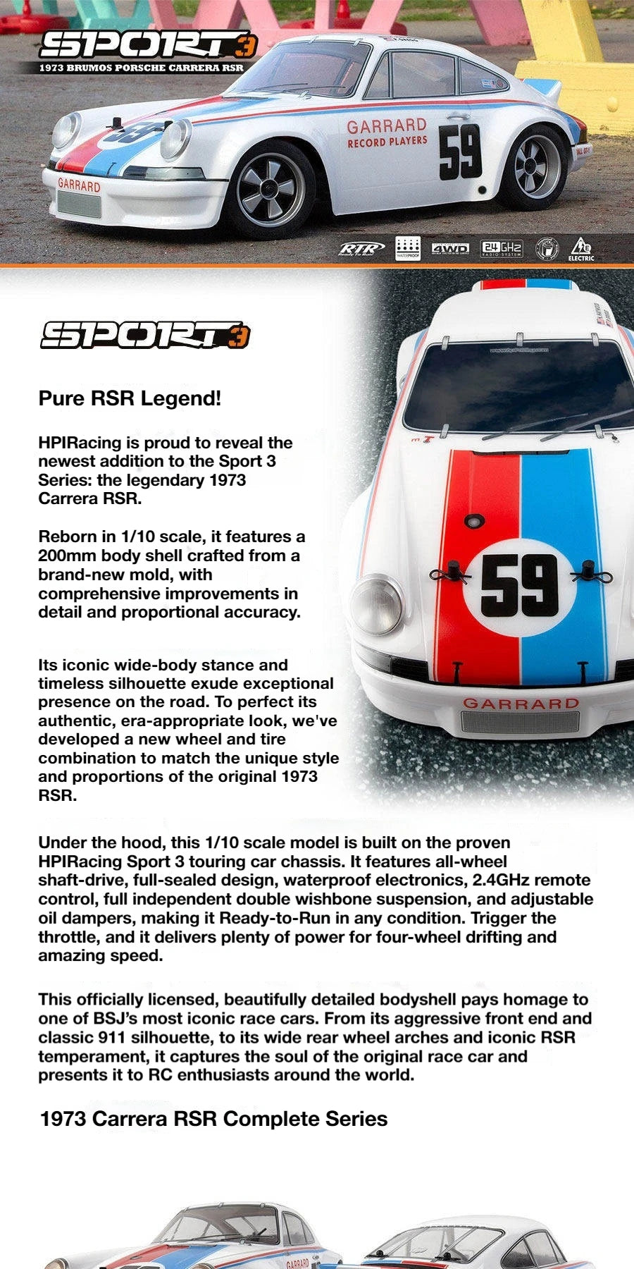 HPI 1:10 SPORT 3 Simulation 1973 Carrera 4WD Brushless Limited Edition Remote Control Electric Drift Car Hobby RC Boy Toy RTR