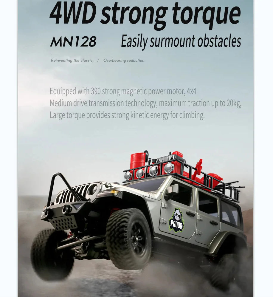 1/12 MN128 RC Car 4WD Jeep Model 2.4G Remote Control LED Light 4X4 Off Road 4WD Climbing RC Truck Electric Toy Car Gift for Boy