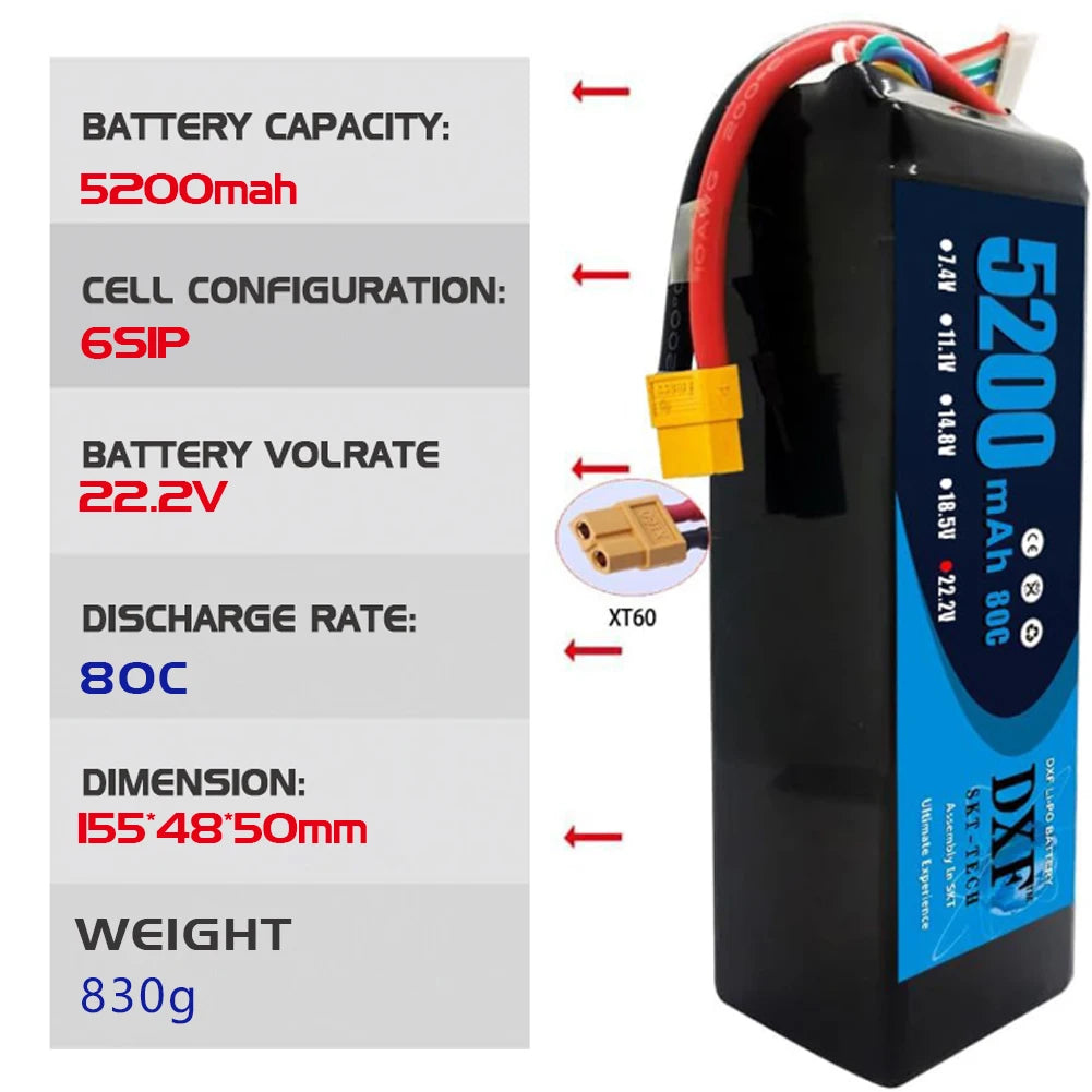 DXF 6S Lipo 22.2V 7000mAh 10000mAh 5200mAh Softcase Battery with XT60 EC5 XT90 for Car Truck Tank RC Buggy Truggy Racing Hobby