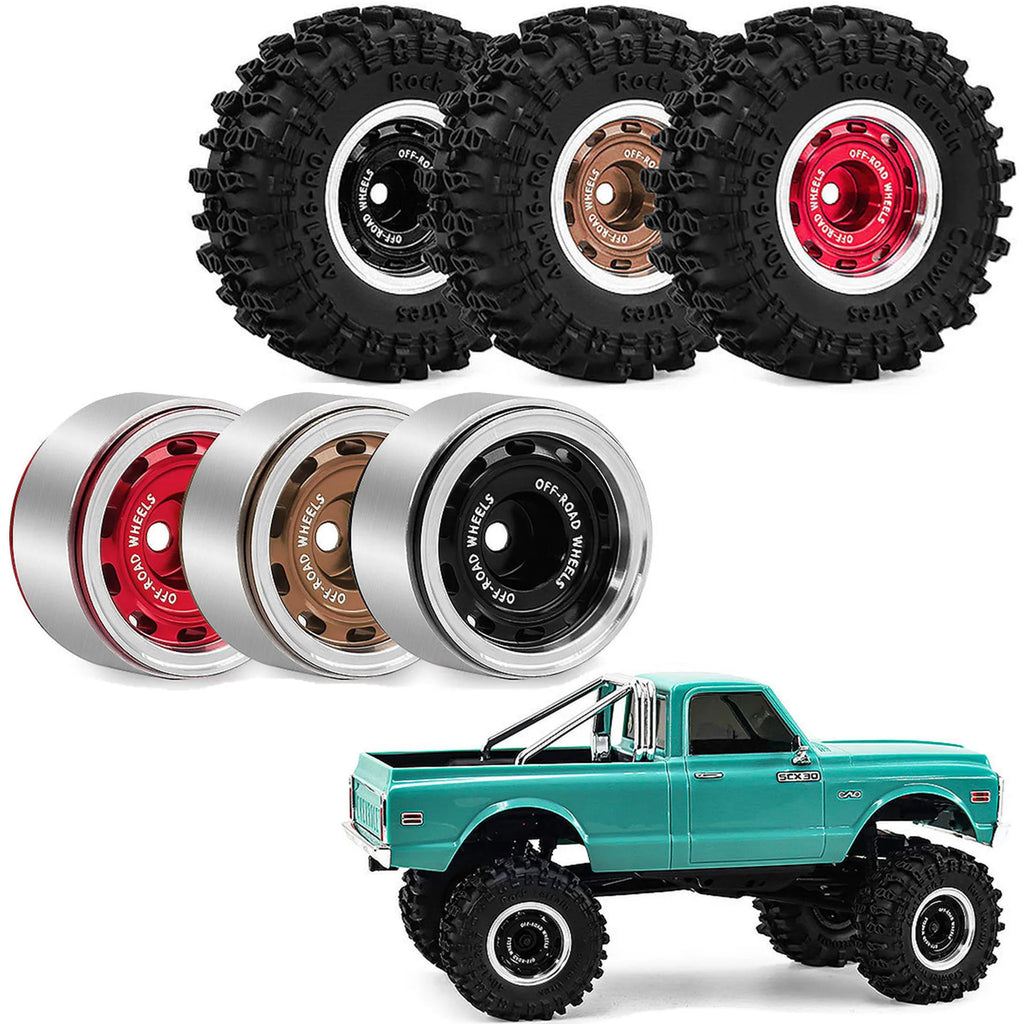 0.7 RC Crawler Tires OD 1.57'' 1/30 Soft Rubber All Terrain Tyres Beadlock Wheels Rims for 1:30 1/32 Rock Mud Car Axial SCX30