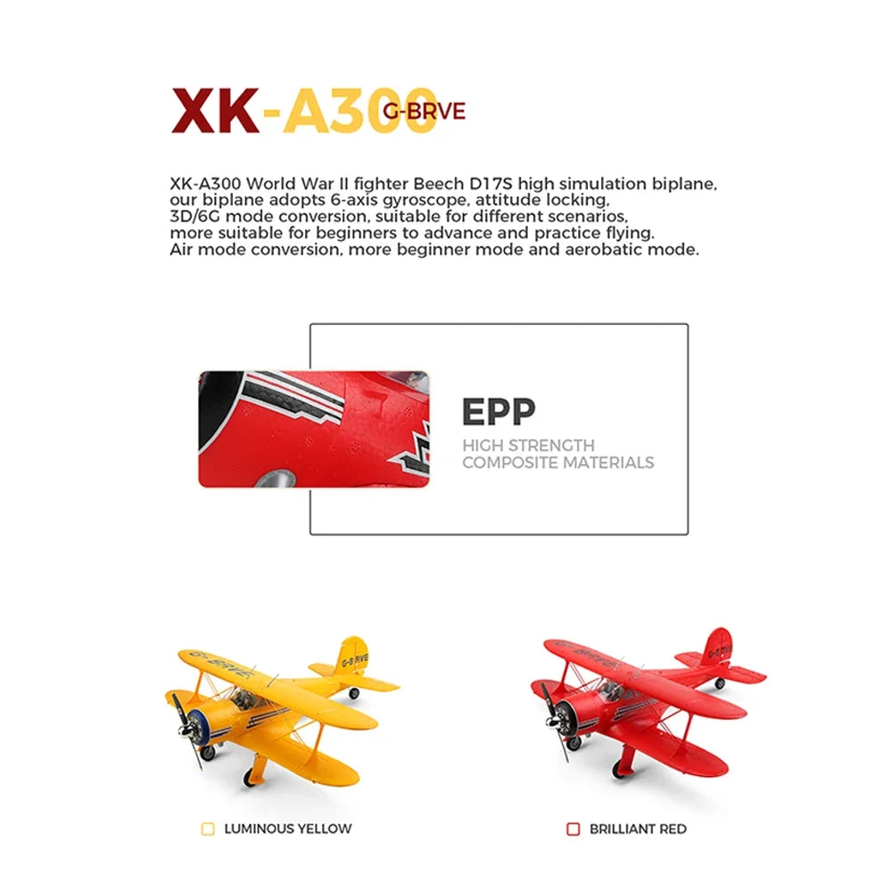 WLtoys XK A300 Beech-D17S RC Plane 4CH Brushless Motor Double Wings Remote Control Airplane 3D6G Aircraft Toys for Kids Adults
