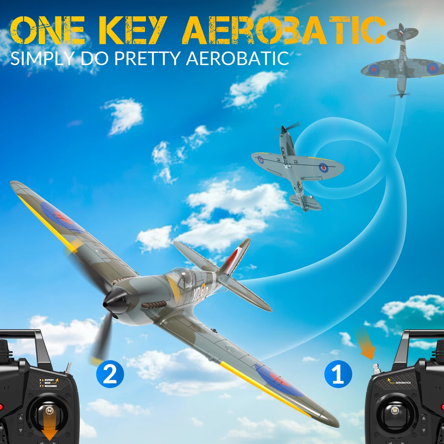 Volantex New Spitfire RC Plane EPP 400mm Wingspan RC Fighter One Key Aerobatic 2.4G 4CH RTF Warbird Plane