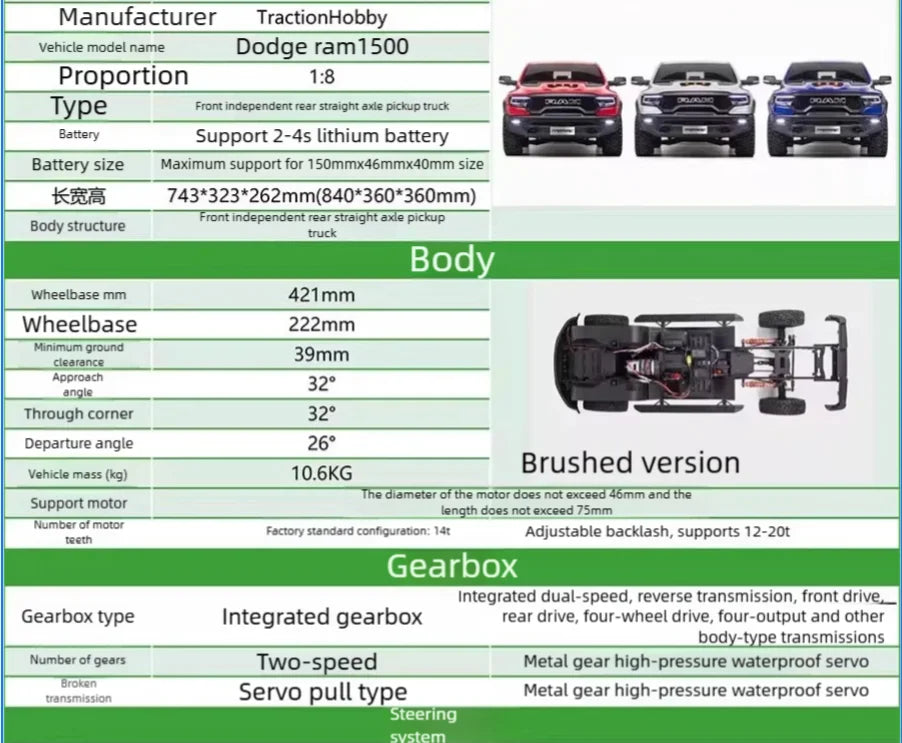 KM Thunder Dodge Tyrannosaurus RAM 1500 Simulation 1/8 Remote Control Electric 4WD Climbing Vehicle Pickup Off road Vehicle
