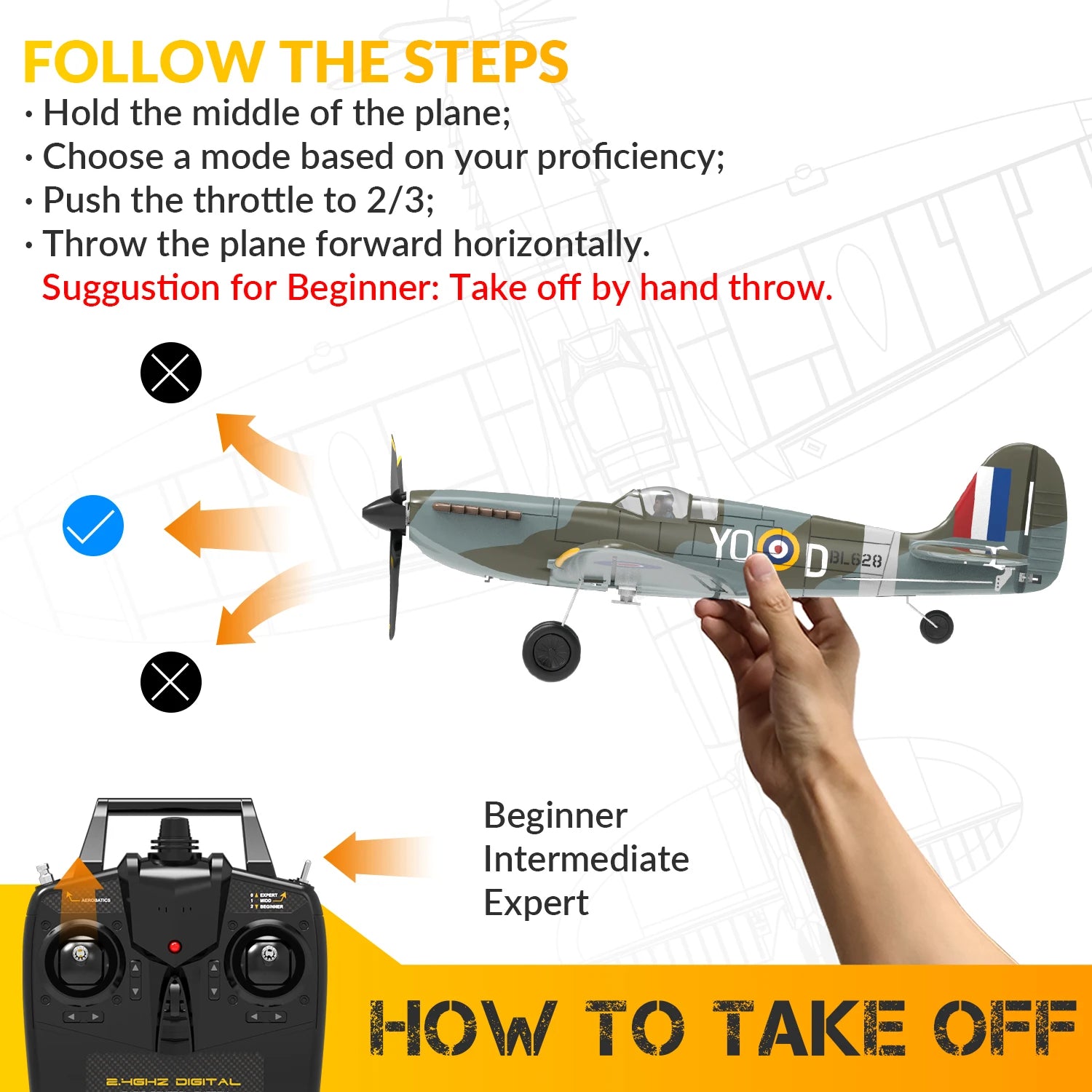 Volantex New Spitfire RC Plane EPP 400mm Wingspan RC Fighter One Key Aerobatic 2.4G 4CH RTF Warbird Plane
