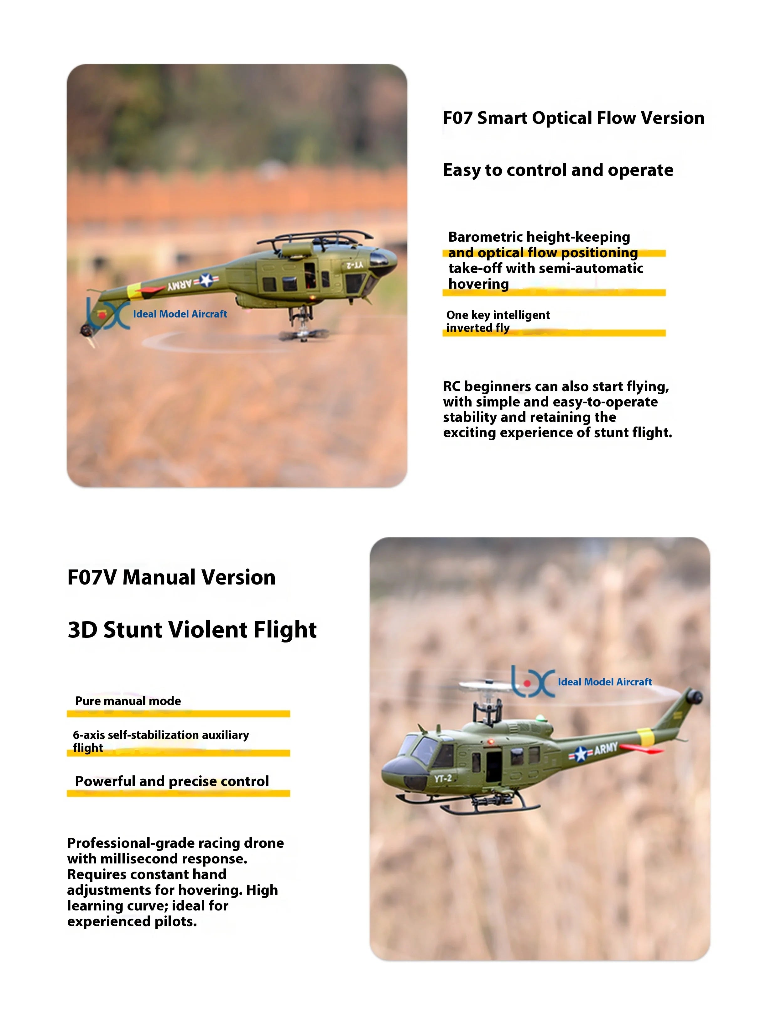 Yuxiang F07 intelligent version/F07V manual version UH1 Huey remote-controlled helicopter 3D stunt helicopter