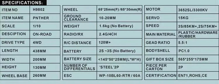 HNR H9802 4X4 4WD RTR 2.4GHz Brushless 1/10 RC Simulation Electric Remote Control Model Car Racing Drift Vehicle Without Battery