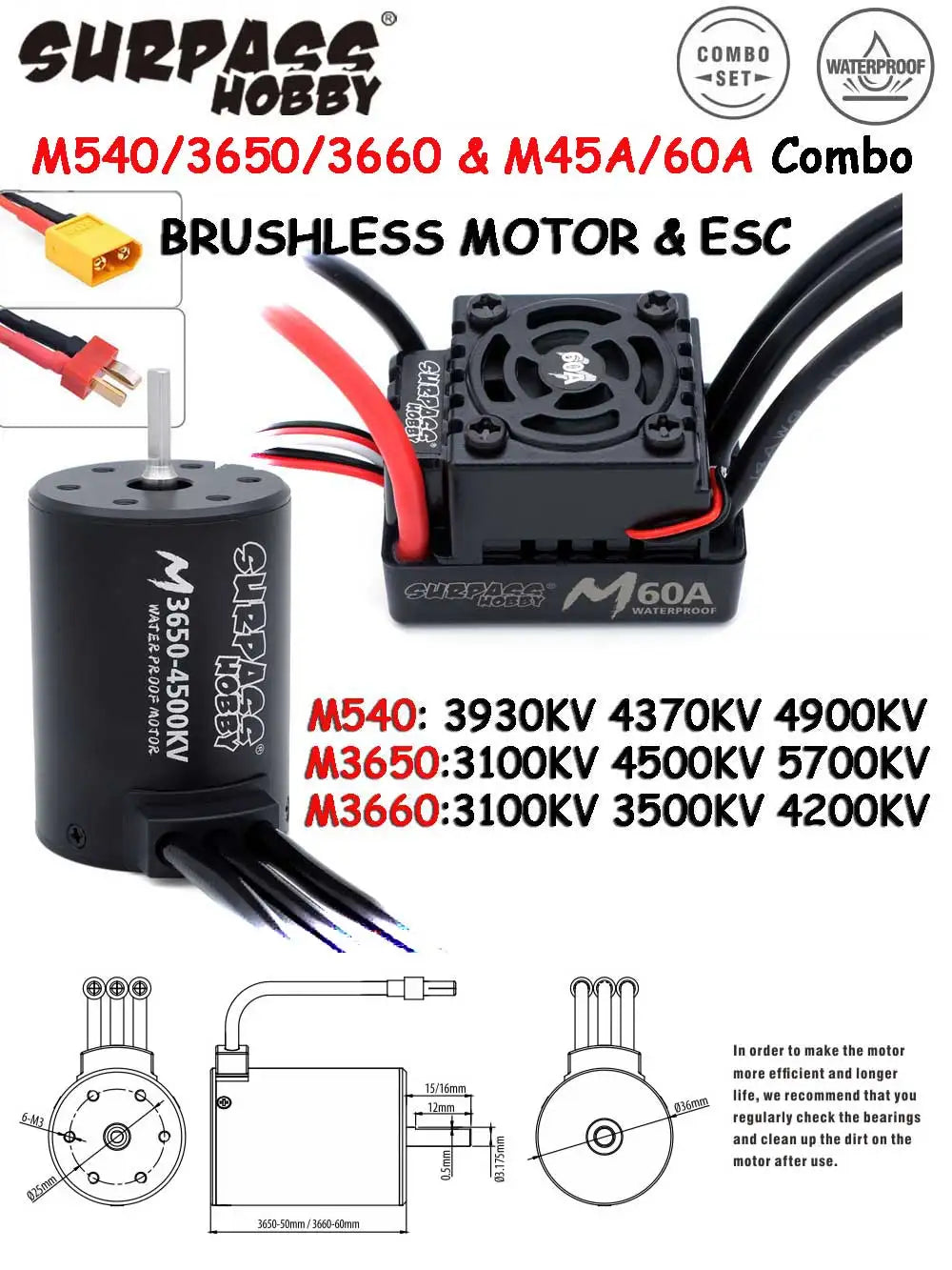 SURPASS HOBBY M540 M3650 M3660 Combo Waterproof Brushless Motor 3500/4200KV w/M45A/60A ESC for 1/10 1/12 RC Car Traxxas Off-Road