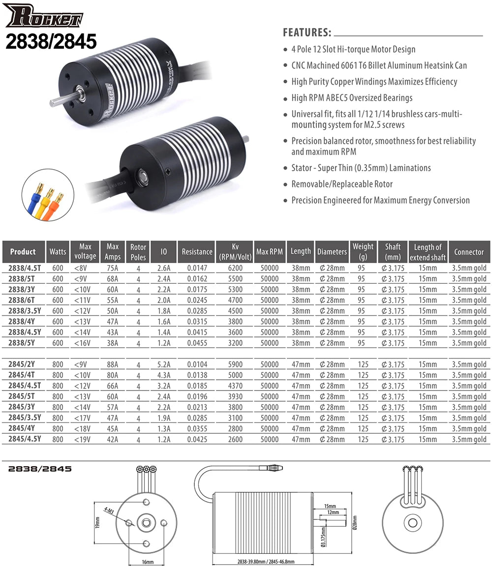 Surpass Hobby Rocket 2845 F540 3650 3660 3665 3670 3674 4068 Waterproof Brushless Motor for 1/10 1/12 RC Car Robot WLtoys 12428