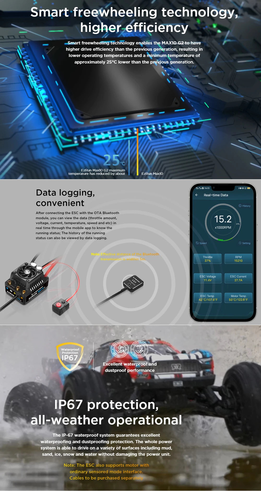 Hobbywing EzRun MAX10 G2 80A/140A Waterproof Brushless ESC & 3652/3665 SD G3 4-Pole Sensored Brushless Motor For 1:10 Truck Car