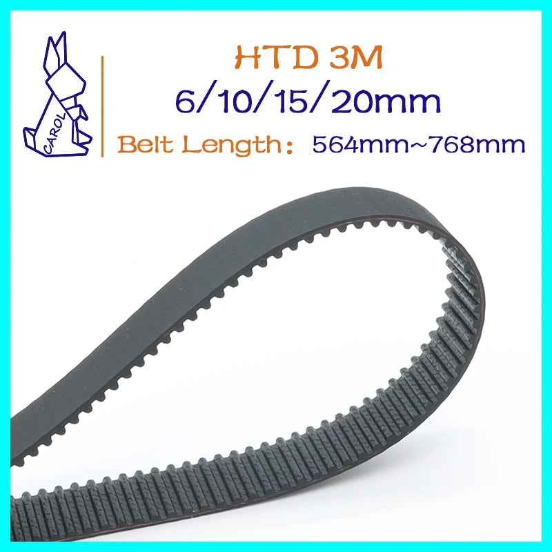 HTD 3M Belt Width 6 10 15 20mm Timing Belt Closed Loop Rubber Belt Length 564mm~768mm Pitch 3mm 3M 188~256Teeth Synchronous Belt