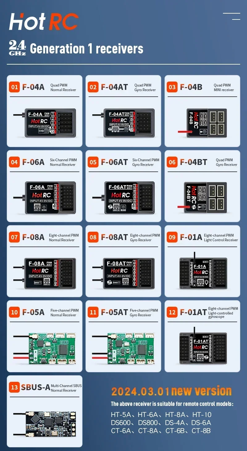 HOTRC 2.4Ghz F-04A F-06A F-08A F-01A F-04AT F-06AT F-08AT F-01AT with Gyro Light 4/6/8Ch Receiver for Hotrc Transmitter RC Parts
