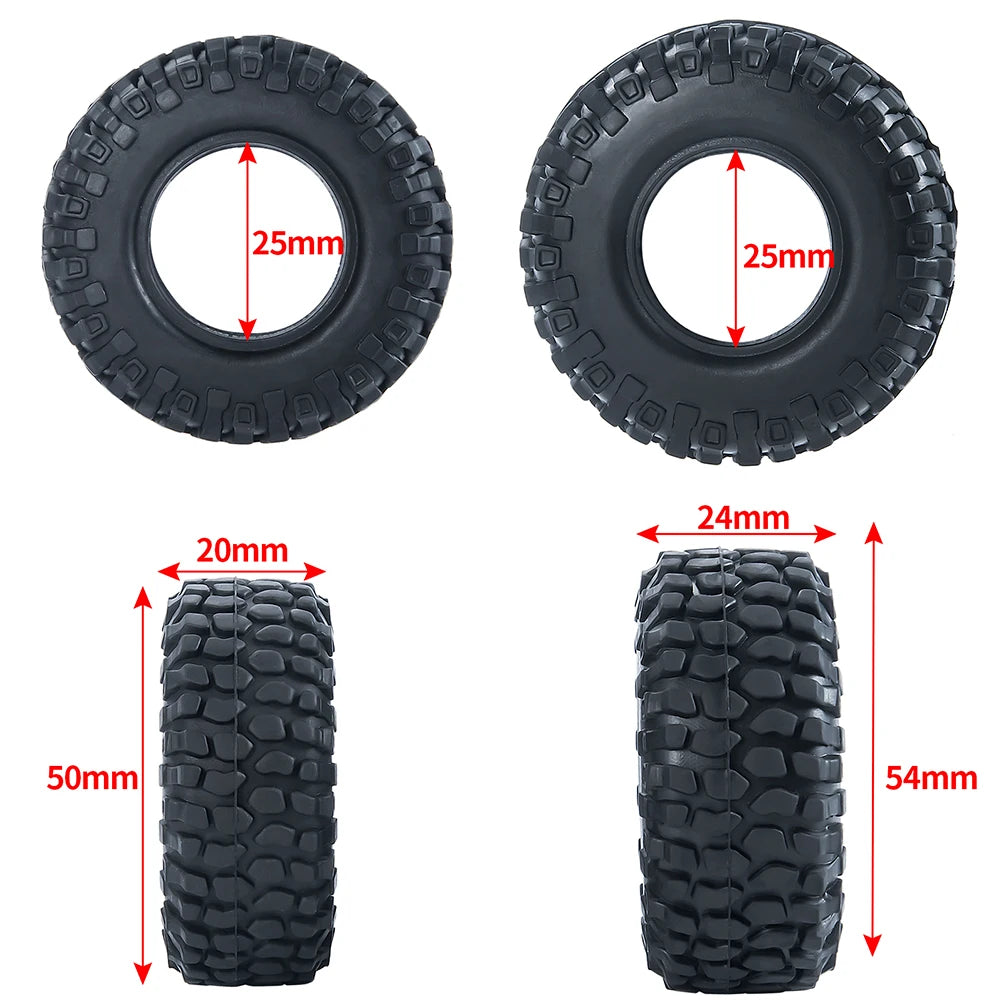 YEAHRUN 4Pcs 1.0inch Soft Rubber Wheel Tires 50/54/58/62/64/65mm for TRX-4M 1/18 Axial SCX24 1/24 RC Crawler Car Upgrade Parts
