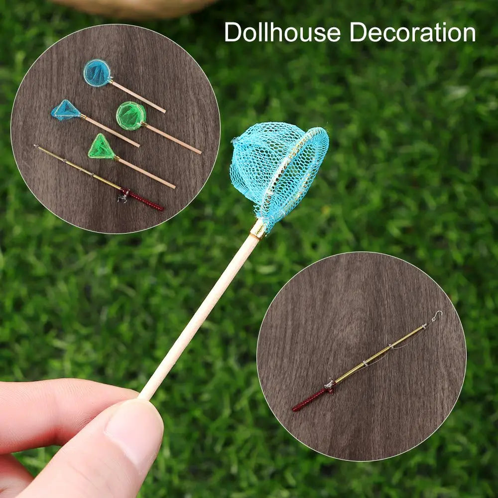 1:12 Miniature Fishing Rod Fish Pole Trammel Net Dollhouse Decoration Doll Accessories Scene Model Micro Landscape Fairy Garden